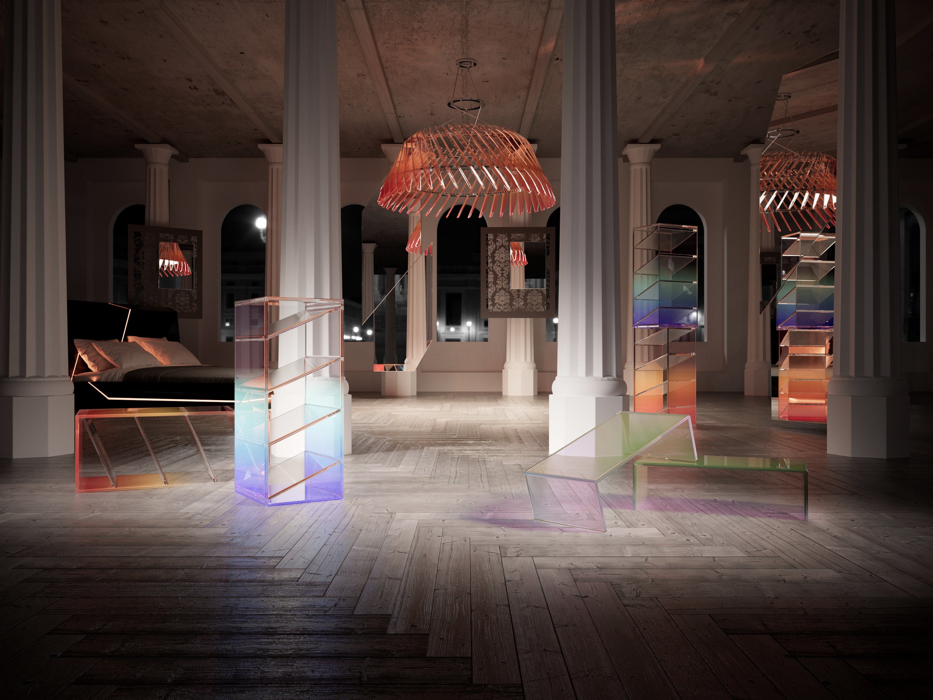 Immagine notturna di una stanza contenente tutti i prodotti Rifleo